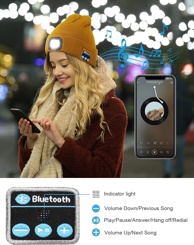 Beanie Hat with LED Headlight and Bluetooth Speakers