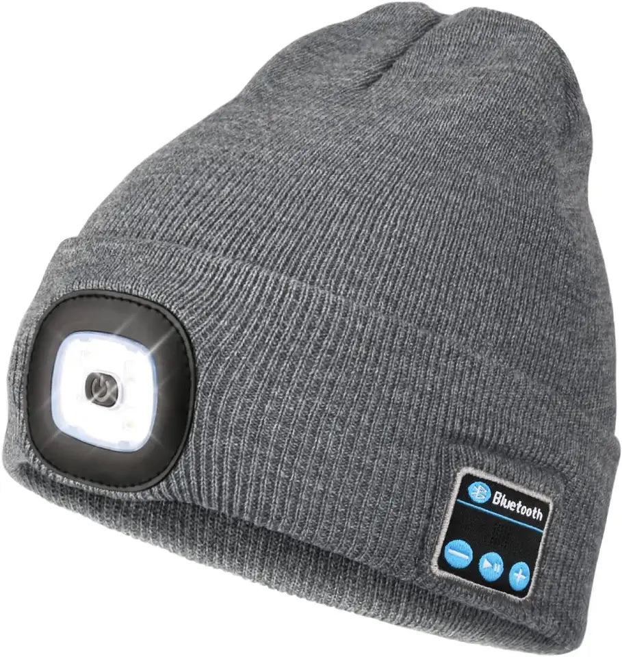 Beanie Hat with LED Headlight and Bluetooth Speakers