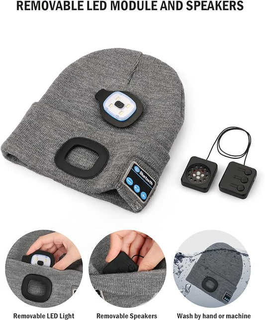Beanie Hat with LED Headlight and Bluetooth Speakers