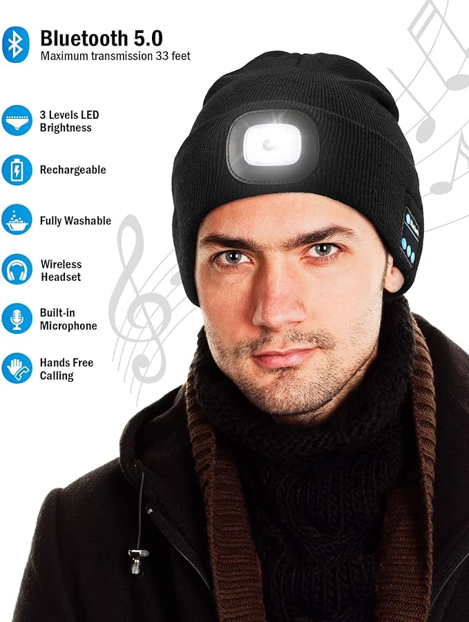 Beanie Hat with LED Headlight and Bluetooth Speakers