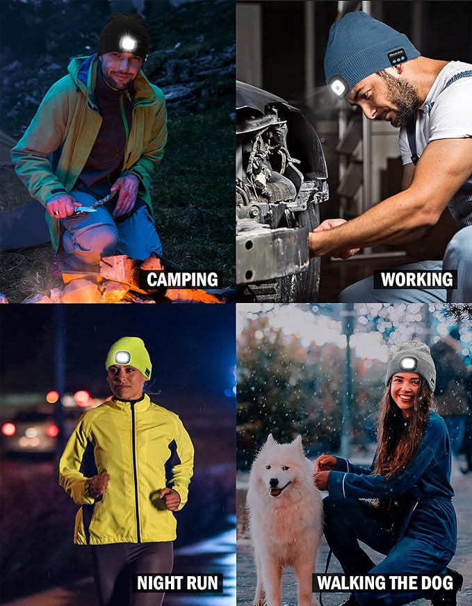 Beanie Hat with LED Headlight and Bluetooth Speakers